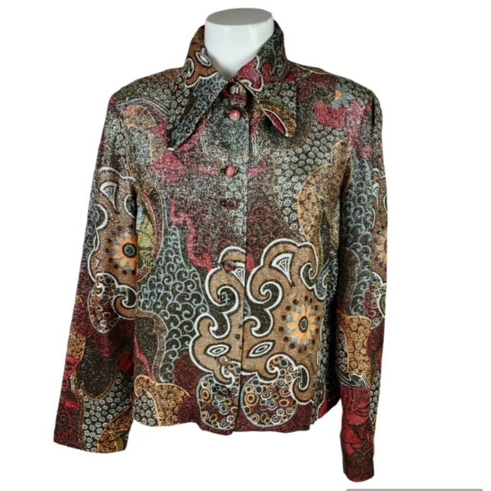 Vintage 1970s Mod Button Front Blouse Swirly Pattern Shimmer Black Brown No Size